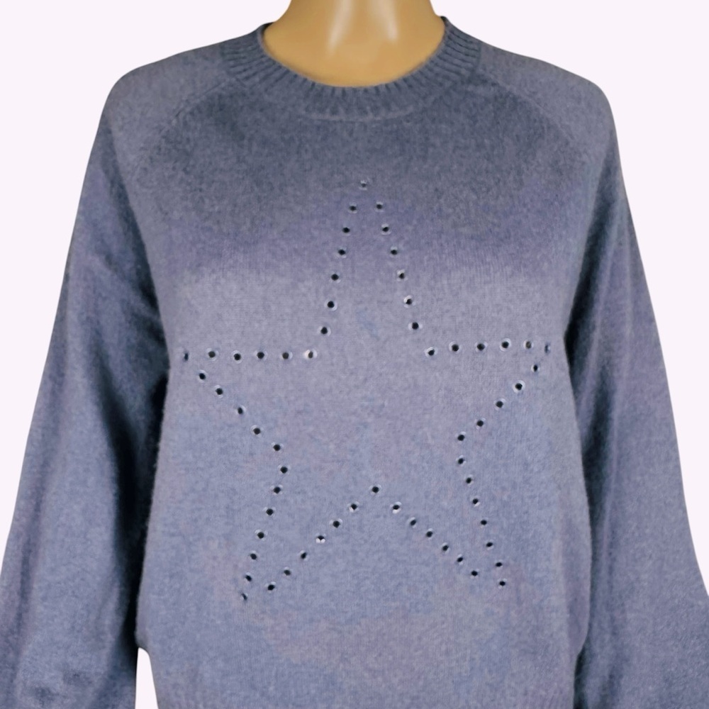 27 Miles Cashmere Puff Sleeve Star Front Grey Blue Sweater Size M - Picture 2 of 7